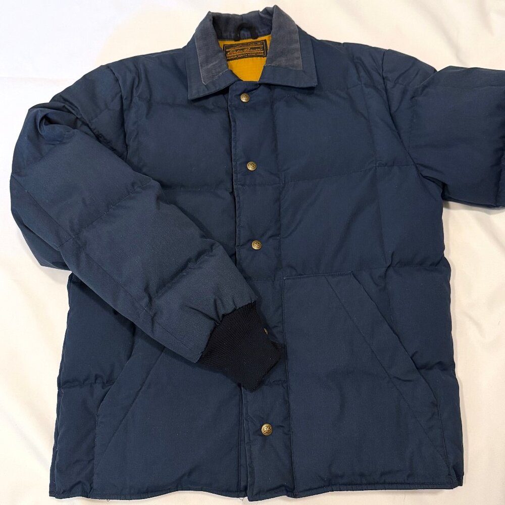 Vintage Eddie Bauer Goose Down Quilted Navy Blue Button Up Medium Coat EUC